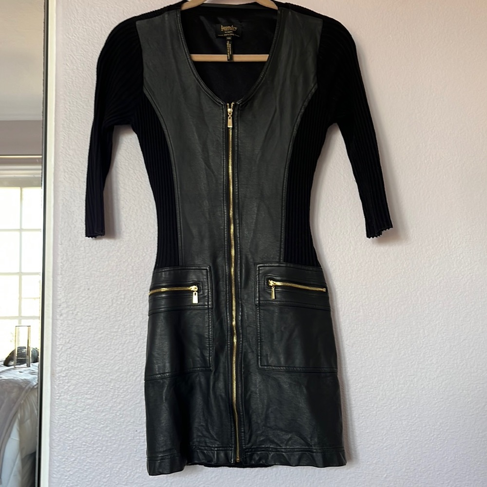 Chic Sweater Dress w/ Faux Leather Front